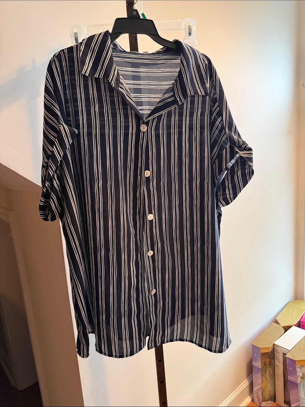 Women’s Navy and White Striped Button-Up Shirt